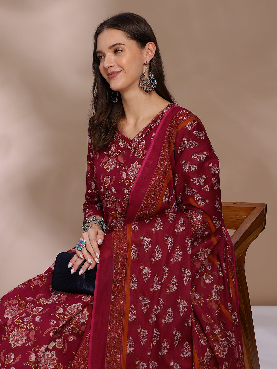 EthniFlair Women Floral Printed Angrakha Aari Work Pure Cotton Kurta with Trousers & With Dupatta