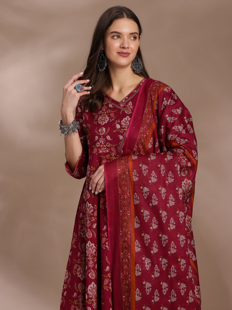 EthniFlair Floral Yoke Design Angrakha Aari Work Kurta with Trousers & Dupatta