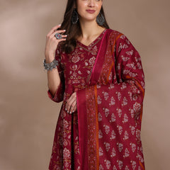EthniFlair Floral Yoke Design Angrakha Aari Work Kurta with Trousers & Dupatta