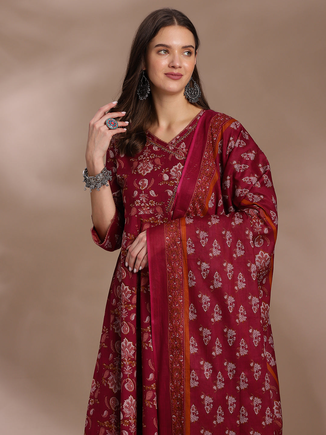 EthniFlair Women Floral Printed Angrakha Aari Work Pure Cotton Kurta with Trousers & With Dupatta