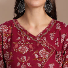 EthniFlair Floral Yoke Design Angrakha Aari Work Kurta with Trousers & Dupatta