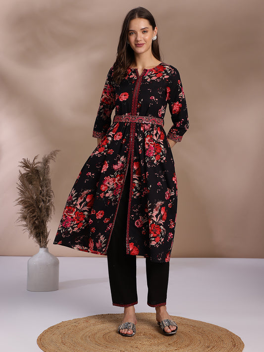 EthniFlair Women Floral Embroidered Empire Mirror Work Pure Cotton Kurta with Trousers