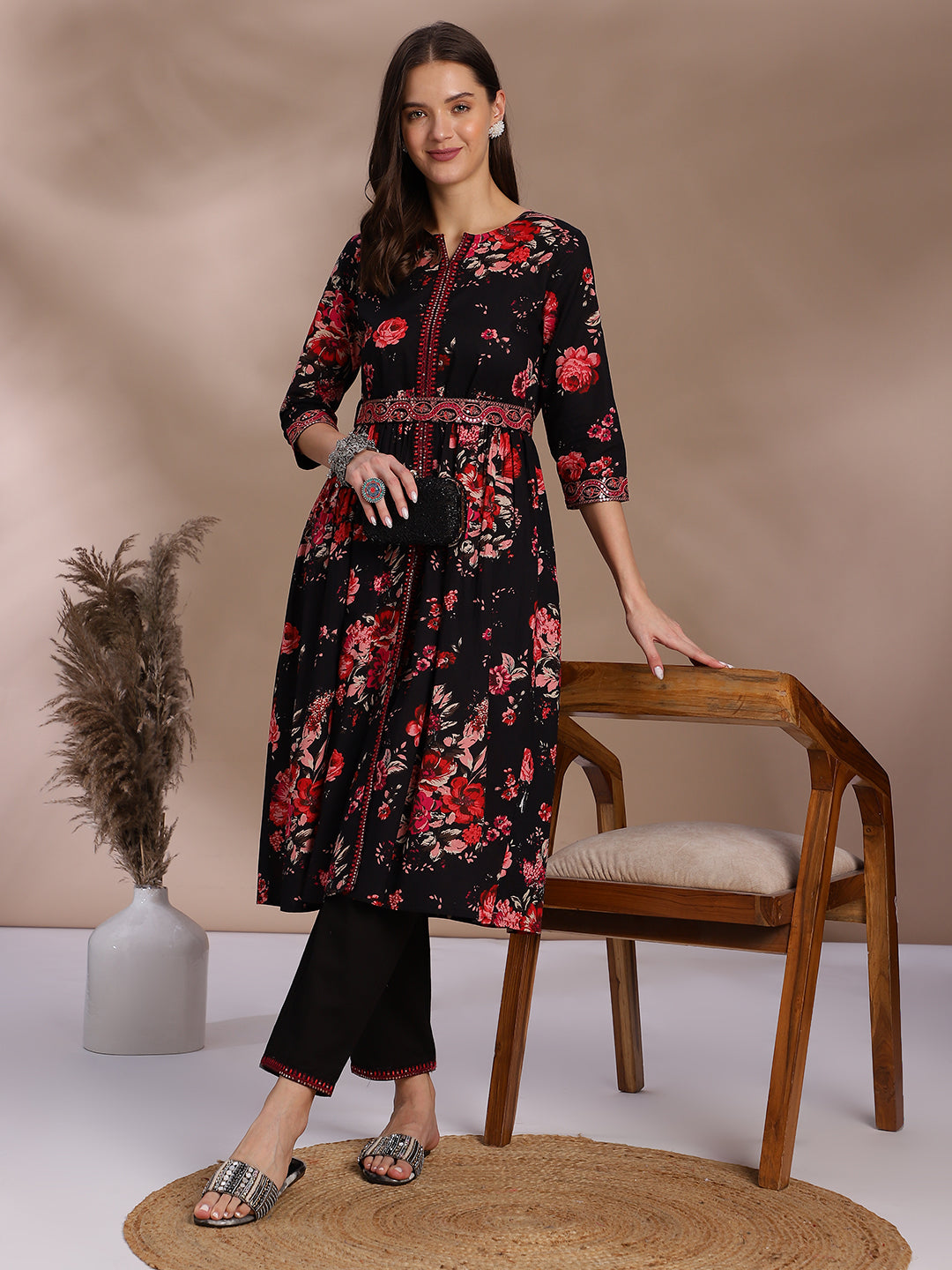 EthniFlair Women Floral Embroidered Empire Mirror Work Pure Cotton Kurta with Trousers