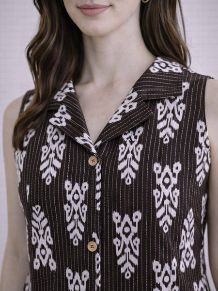 Women Cotton Kantha Work Collared Button-up Kurti