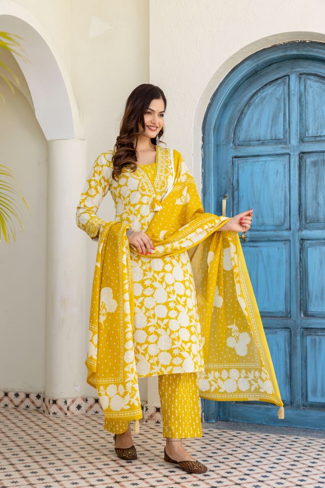 EthniFlair Women Cotton Pintucks detail Straight kurta Pant & Dupatta