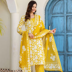 EthniFlair Women Cotton Pintucks detail Straight kurta Pant & Dupatta
