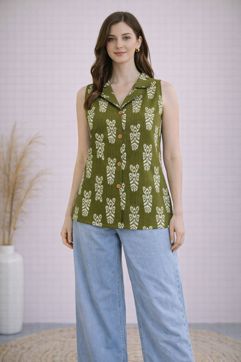 Women Cotton Kantha Work Collared Button-up Kurti