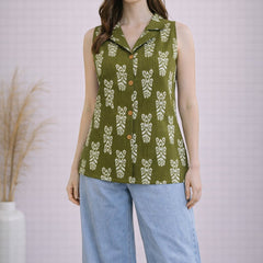 Women Cotton Kantha Work Collared Button-up Kurti