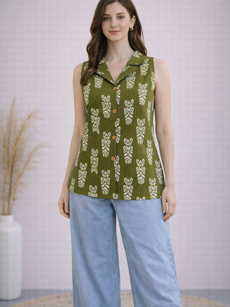 Women Cotton Kantha Work Collared Button-up Kurti