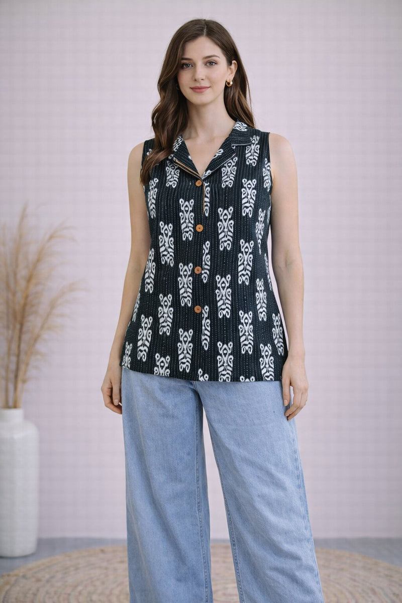 Women Cotton Kantha Work Collared Button-up Kurti