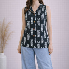 Women Cotton Kantha Work Collared Button-up Kurti