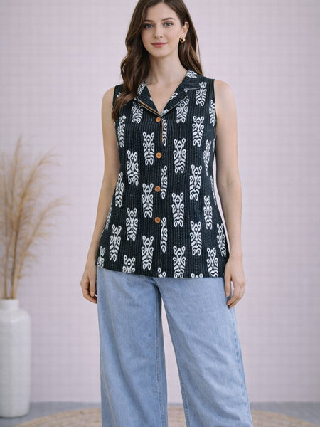 Women Cotton Kantha Work Collared Button-up Kurti