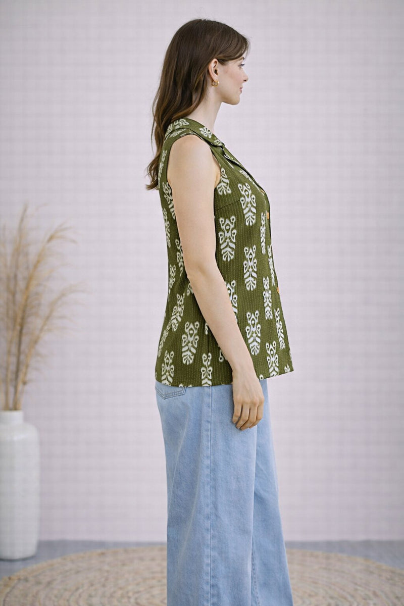 Women Cotton Kantha Work Collared Button-up Kurti