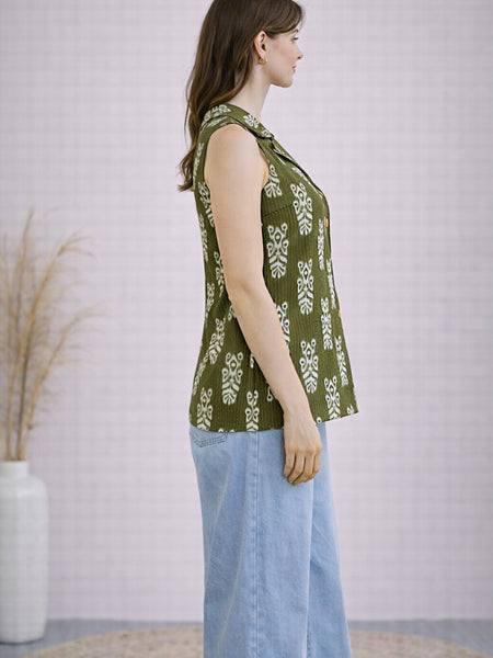 Women Cotton Kantha Work Collared Button-up Kurti