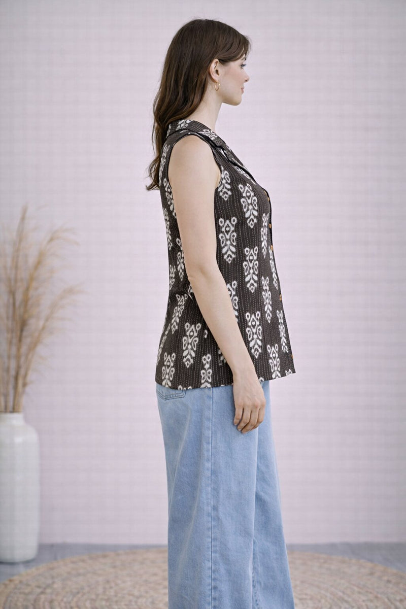 Women Cotton Kantha Work Collared Button-up Kurti