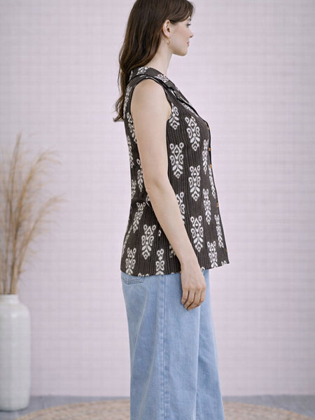 Women Cotton Kantha Work Collared Button-up Kurti