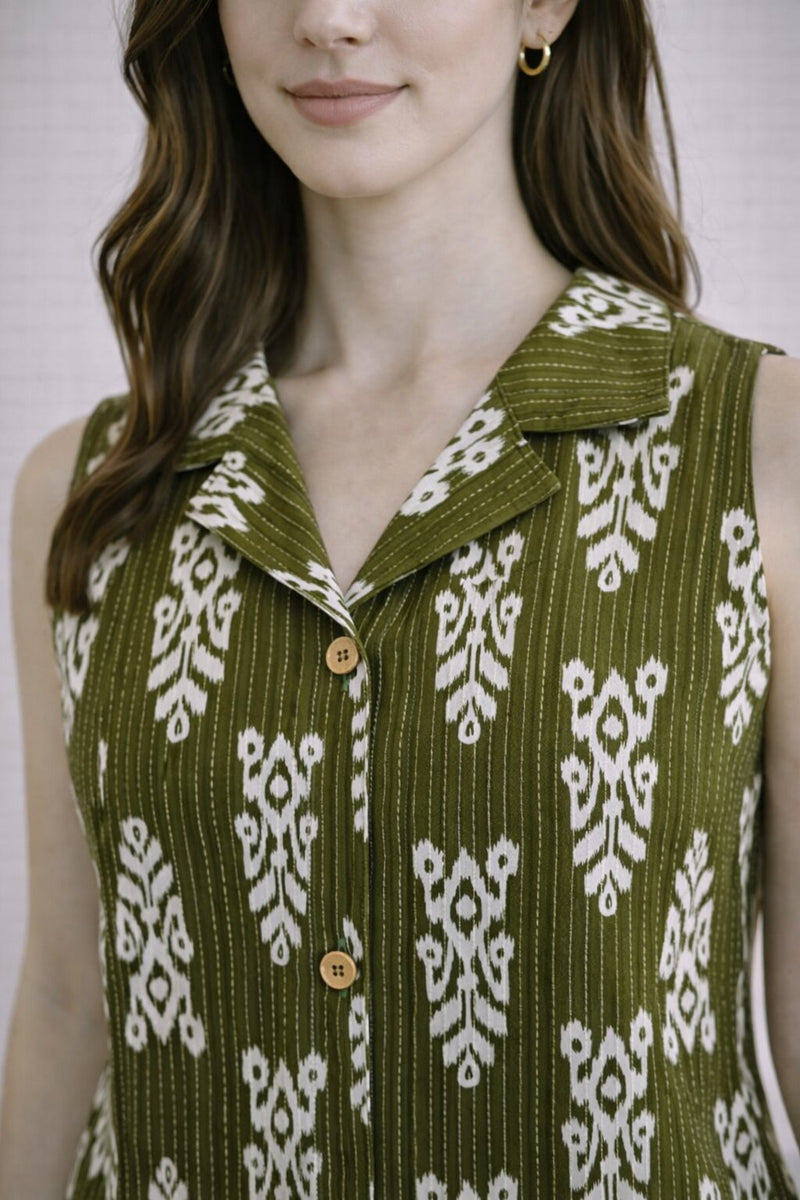 Women Cotton Kantha Work Collared Button-up Kurti
