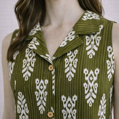Women Cotton Kantha Work Collared Button-up Kurti
