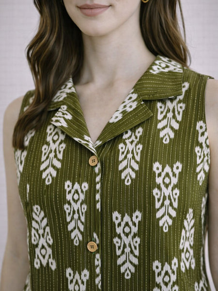 Women Cotton Kantha Work Collared Button-up Kurti