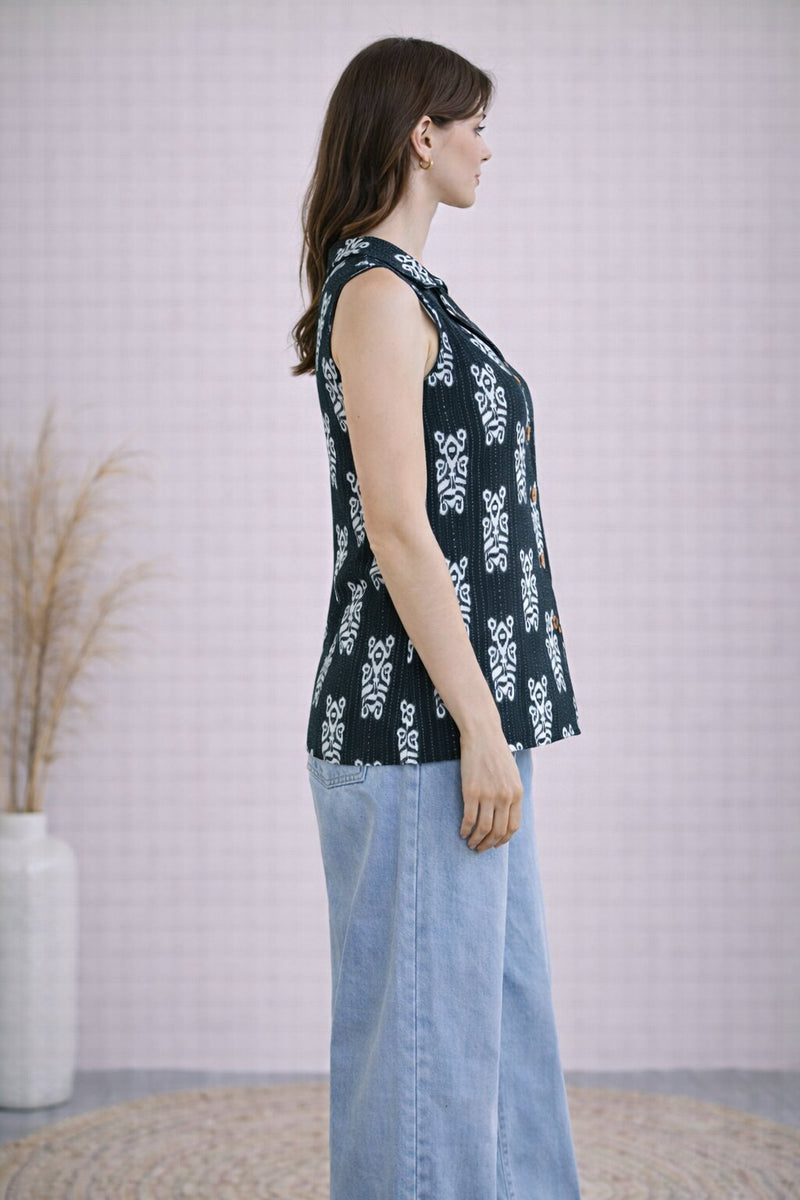 Women Cotton Kantha Work Collared Button-up Kurti