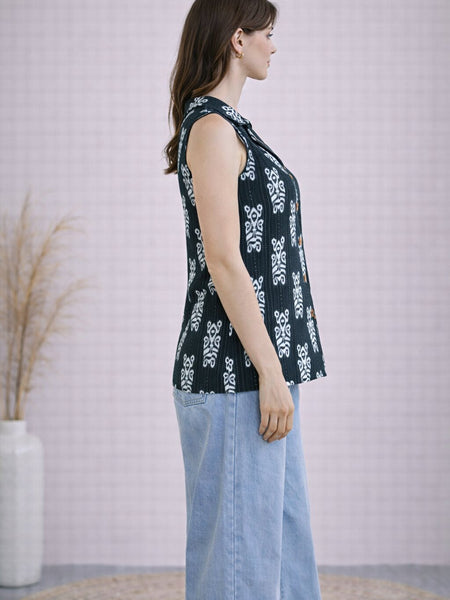Women Cotton Kantha Work Collared Button-up Kurti