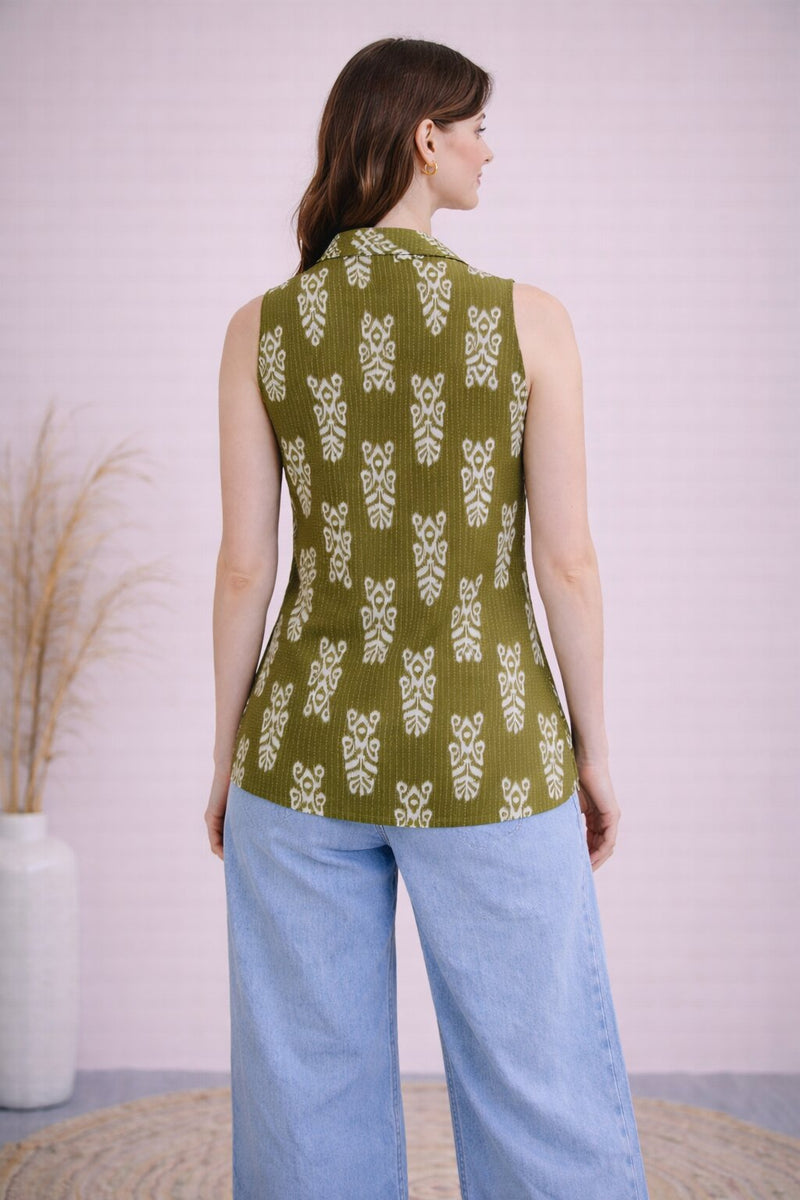 Women Cotton Kantha Work Collared Button-up Kurti