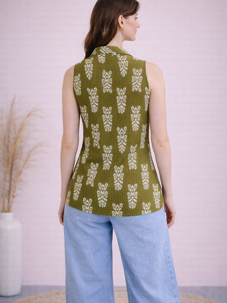 Women Cotton Kantha Work Collared Button-up Kurti