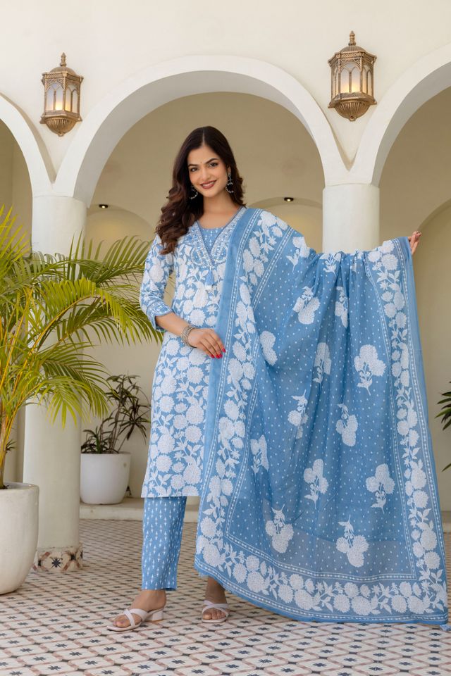 EthniFlair Women Cotton Pintucks detail Straight kurta Pant & Dupatta