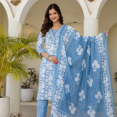 EthniFlair Women Cotton Pintucks detail Straight kurta Pant & Dupatta