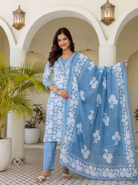 EthniFlair Women Cotton Pintucks detail Straight kurta Pant & Dupatta