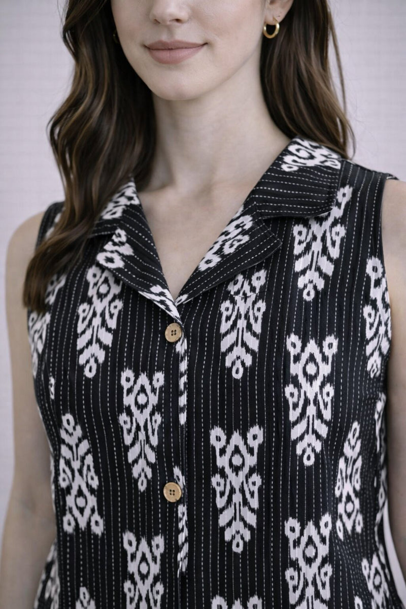 Women Cotton Kantha Work Collared Button-up Kurti