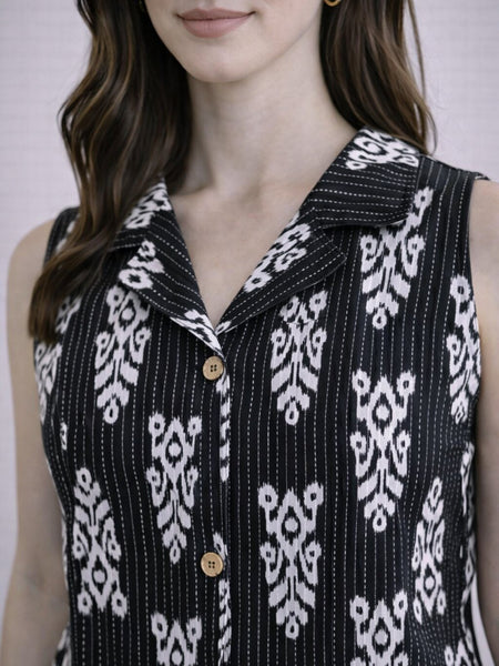 Women Cotton Kantha Work Collared Button-up Kurti