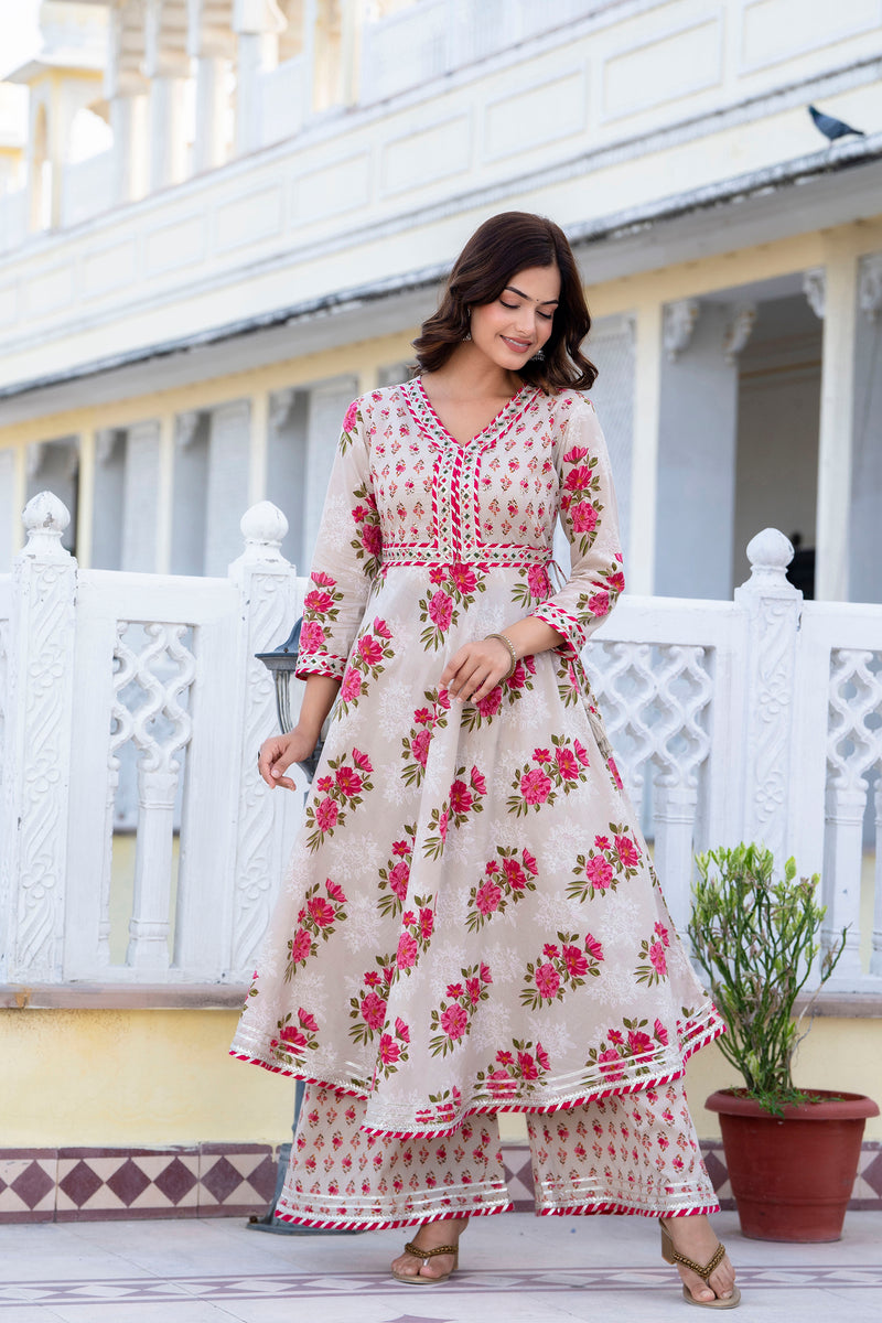 EthniFlair Floral Embroidered Empire Gotta Patti Kurta with Palazzos & Dupatta