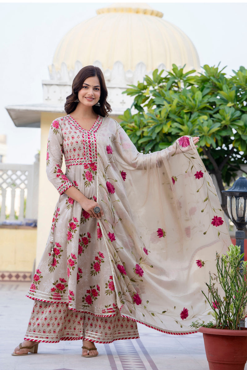 EthniFlair Floral Embroidered Empire Gotta Patti Kurta with Palazzos & Dupatta