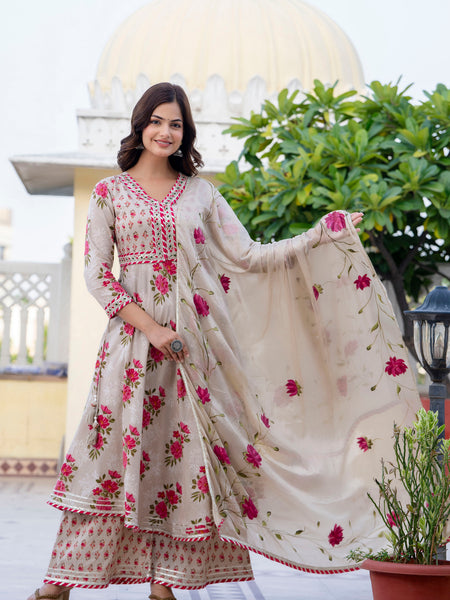 EthniFlair Floral Embroidered Empire Gotta Patti Kurta with Palazzos & Dupatta