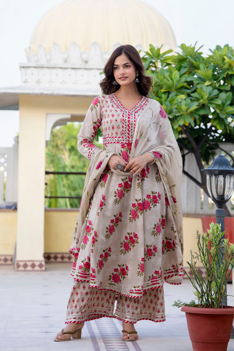 EthniFlair Floral Embroidered Empire Gotta Patti Kurta with Palazzos & Dupatta