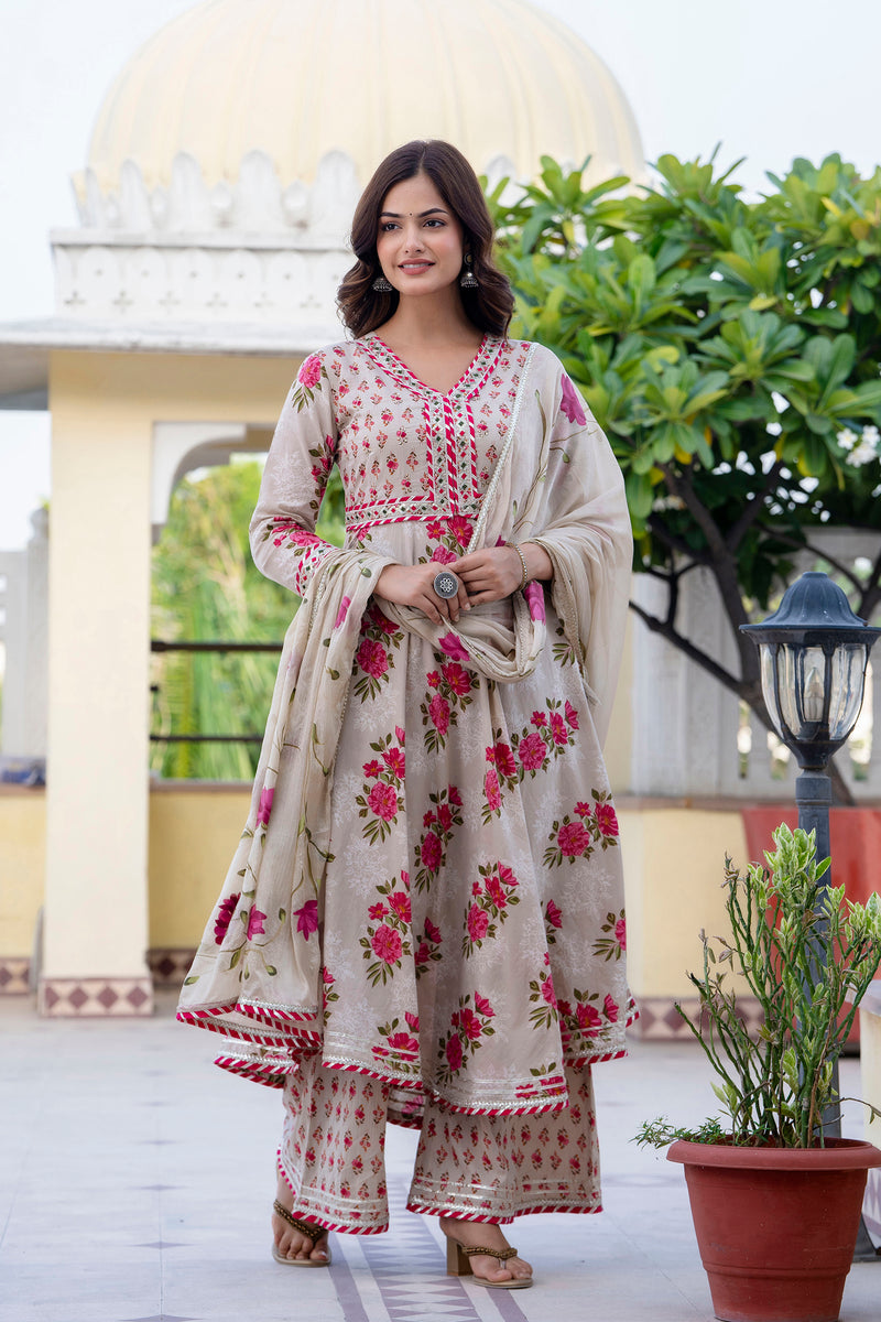 EthniFlair Floral Embroidered Empire Gotta Patti Kurta with Palazzos & Dupatta