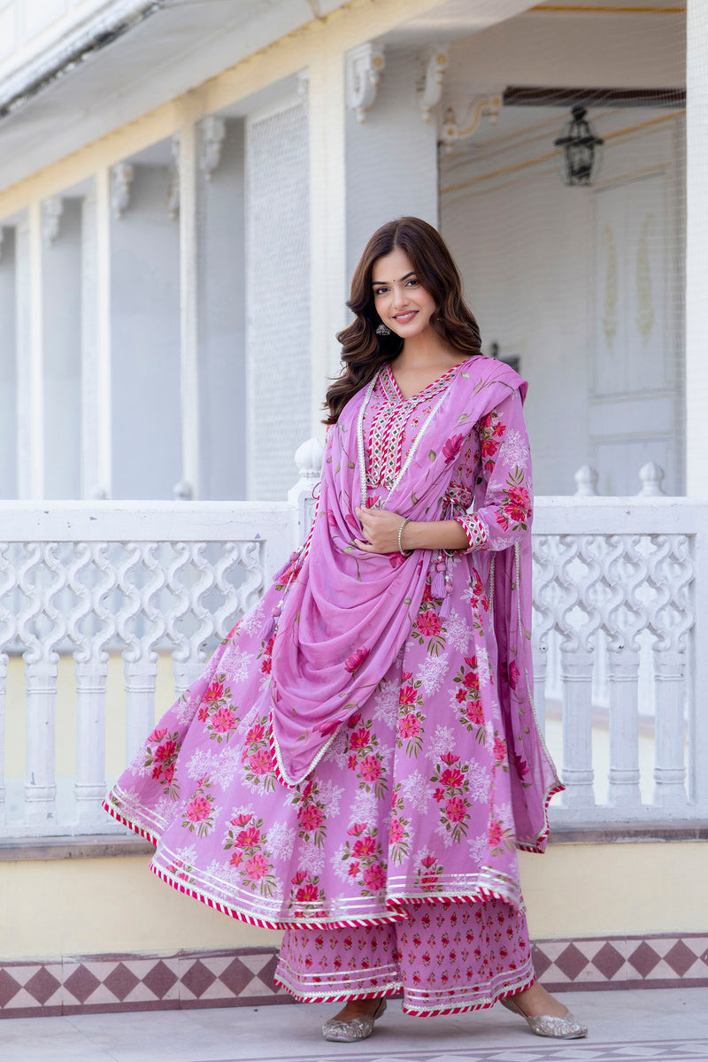 EthniFlair Floral Embroidered Empire Gotta Patti Kurta with Palazzos & Dupatta