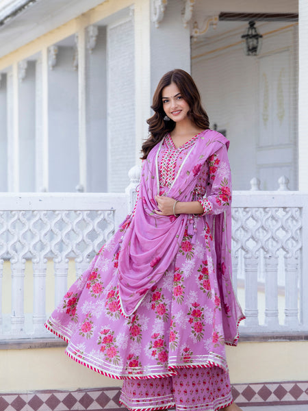 EthniFlair Floral Embroidered Empire Gotta Patti Kurta with Palazzos & Dupatta