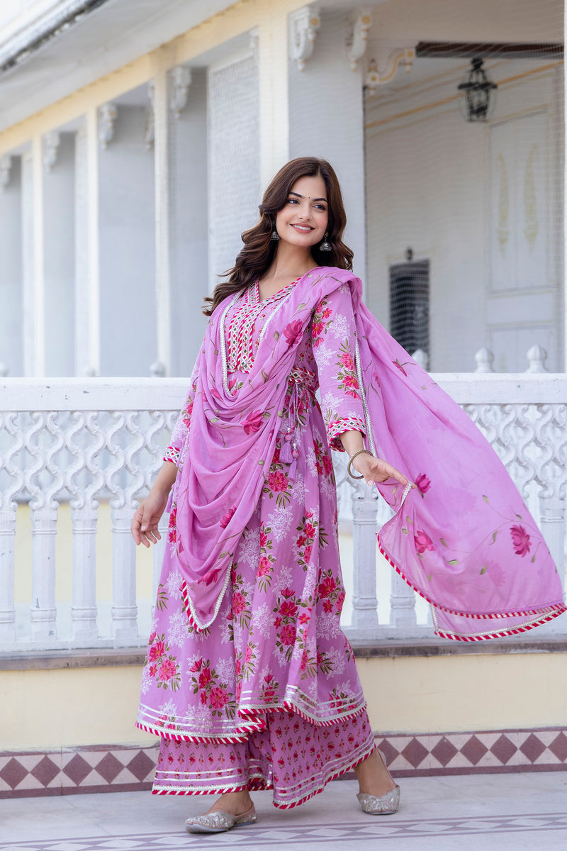 EthniFlair Floral Embroidered Empire Gotta Patti Kurta with Palazzos & Dupatta