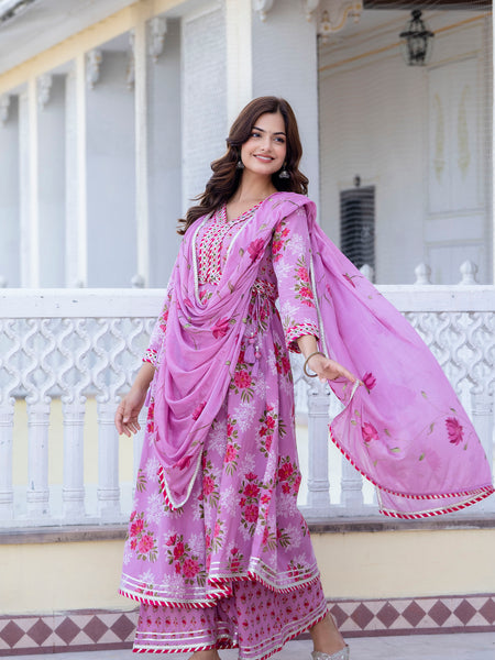 EthniFlair Floral Embroidered Empire Gotta Patti Kurta with Palazzos & Dupatta