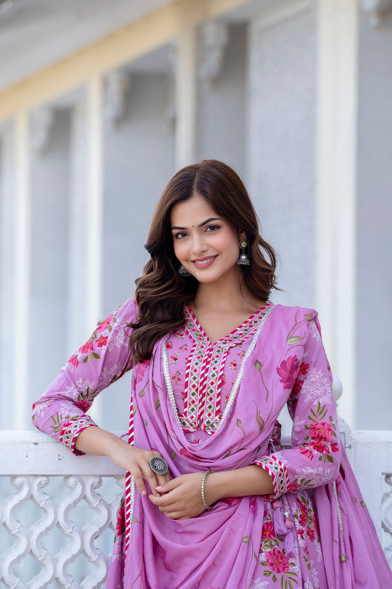 EthniFlair Floral Embroidered Empire Gotta Patti Kurta with Palazzos & Dupatta