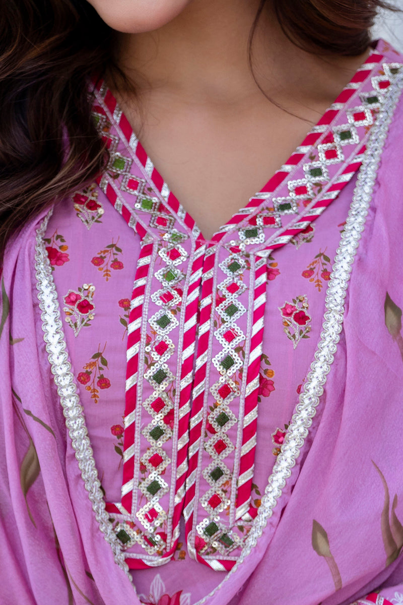 EthniFlair Floral Embroidered Empire Gotta Patti Kurta with Palazzos & Dupatta