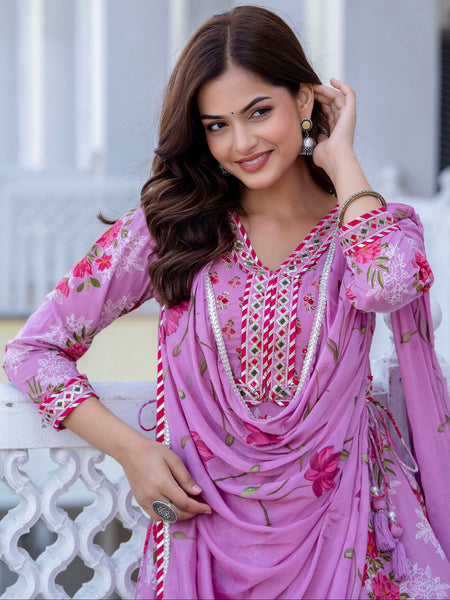 EthniFlair Floral Embroidered Empire Gotta Patti Kurta with Palazzos & Dupatta