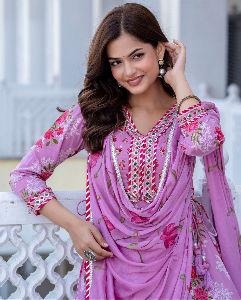 EthniFlair Floral Embroidered Empire Gotta Patti Kurta with Palazzos & Dupatta