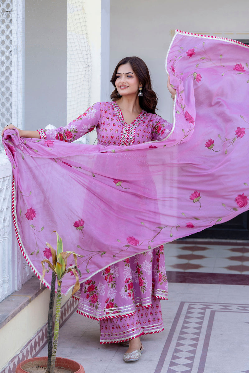 EthniFlair Floral Embroidered Empire Gotta Patti Kurta with Palazzos & Dupatta