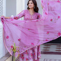 EthniFlair Floral Embroidered Empire Gotta Patti Kurta with Palazzos & Dupatta