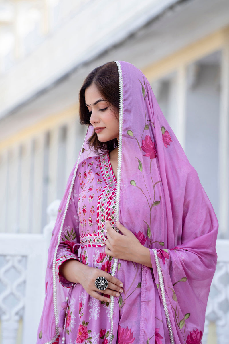 EthniFlair Floral Embroidered Empire Gotta Patti Kurta with Palazzos & Dupatta