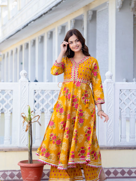 EthniFlair Floral Embroidered Empire Gotta Patti Kurta with Palazzos & Dupatta