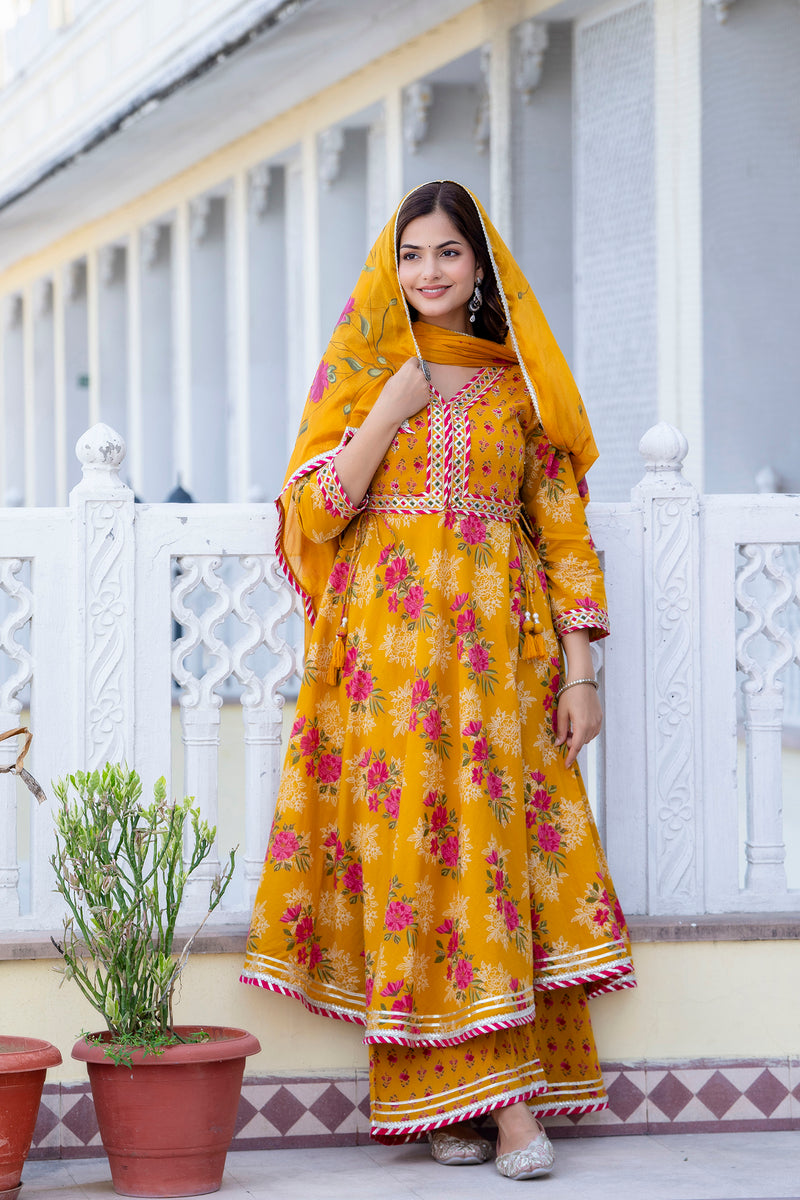EthniFlair Floral Embroidered Empire Gotta Patti Kurta with Palazzos & Dupatta